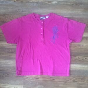 VINTAGE | Cabin Creek Petite Pink Henley Short Sleeve Top Floral Embroidery